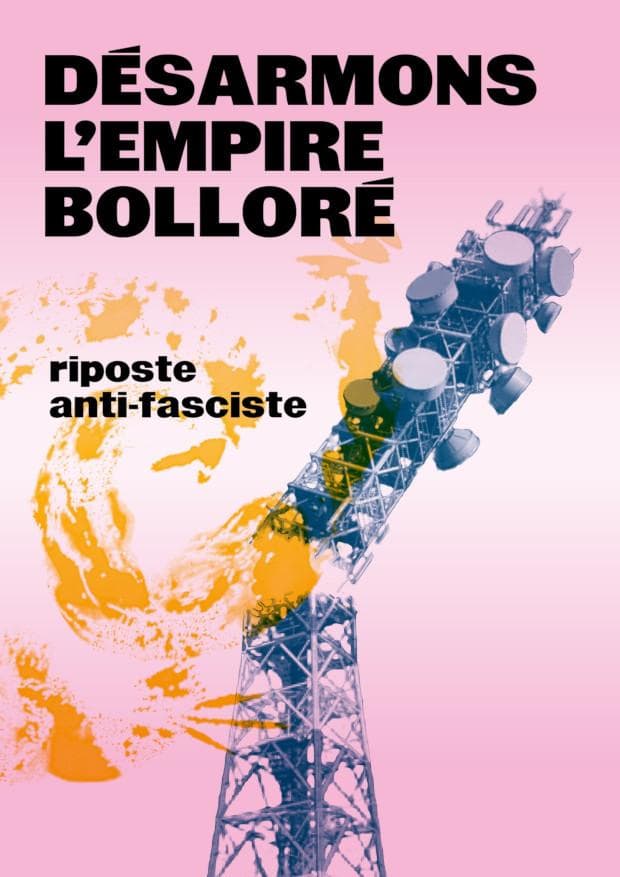 Désarmons l'empire Bolloré : ripose anti-fasciste. Sur la photo : une antenne de diffusion en train d'exploser.